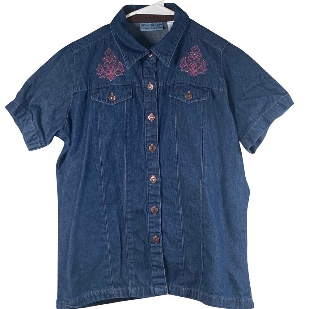 Wrangler Shirt Womens Medium Blue Denim Western Rancher Rodeo Farm Embellished